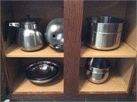 Cupboard Lot of Stainless Steel Bowls, Teapot