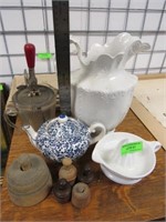 Lot: Ironstone Water Pitcher, Measure with Egg Bea
