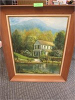 Oil on Artist Board: Two Story Home on Lake with M