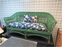 Early Wicker Sofa in Green Paint with Removable Cu