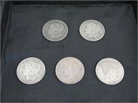 Five Silver Dollar Coins: 1891 "O" Morgan, 1901