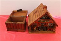 2 PC WOODEN BANKS, 1 WITH FOREIGN COINS