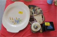 ASSORTED CANDLES, CHURCH FANS AND LIMOGES PLATTER