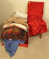 LOT OF PILLOWS, THROWS AND CHAIR