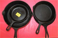 4 PC CAST IRON SKILLETS # 3, 5 , 8 AND GRIDDLES