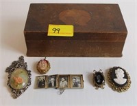 JEWELRY BOX WITH 4 PC CAMEOS AND LOCKET