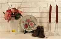 GROUPING OF VINTAGE CHILD SHOES, VASES , ETC