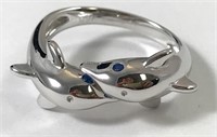 .925 Twin Dolphin Blue CZ Ring