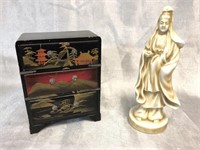Tiny Asian Lacquer Chest of Drawers & Figurine