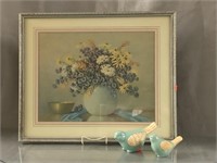 Framed Floral Print & Bird Figurines