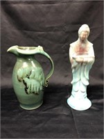 Hand Made Pottery Pitcher & Asian Figurine