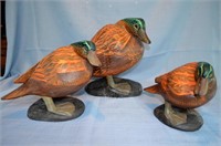 Wood ducks, hand carved, family of 3