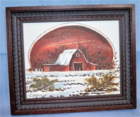 Oil on Canvas red barn in snow, by, Oropeza