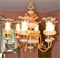 Gold & Porcelain chandelier w/semi-frosted glass