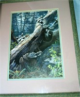 Sal Storm 1997 print, raccoons in woods,