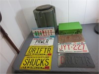 Plastic Tub, Metal Box & (7) WI License Plates