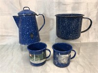 Enameled Speckle Ware Coffee Pot & Cups