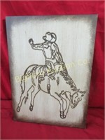 Cowboy on Bucking Bronc Wood Burned Picture