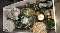 Box of glassware, China, pottery vase, cookie