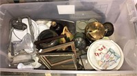 Tote full of brass items, milk glass, teapot,
