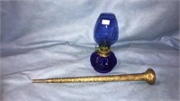 Gold plated umbrella or cane handle, cobalt blue