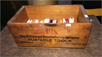 Antique wooden portable tools box with lots of