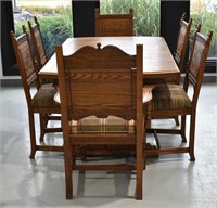 Antique Oak Dining Table With 3 Leaves & 6 Chairs