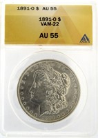 1891-O Morgan Silver Dollar AU55 VAM-22