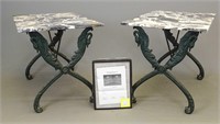 Rare Pair Of Cast Iron Marble Top Classical Tables