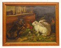 19th c. Painting Of Dog And Rabbits