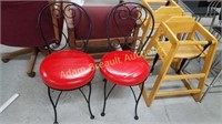2 WROUGHT IRON RED VINYL CHAIRS & TABLE