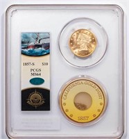 $10 1857-S PCGS MS64 CAC EX S.S. CENTRAL AMERICA