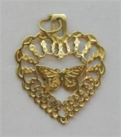 14k Gold Butterfly Heart Necklace Pendant