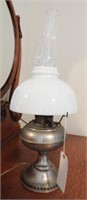 Nickel Rayo lamp with milk glass shade 20”