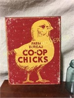 Tin Farm Bureau chicks advertising sign