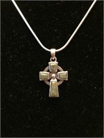 18" Silver Cross Necklace with Green Stones