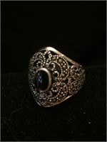 .925 Thailand Silver Ring Onyx Marquise Sz 7.5