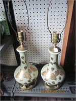 Pr. Vtg. Green Glass w/Goldtone Accents Lamps