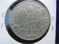 1932 Poland 10 Zlotych. AU. SILVER. Dollar size.