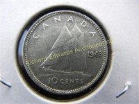 1943 Canada 10 Cents SILVER. Choice BU. Rare this