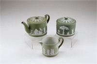 Three piece Wedgwood sage green Jasperware tea set
