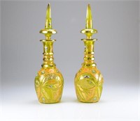 Pair of Bohemian yellow glass decanters