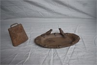 B2- CAST IRON BIRD BATH AND OLD COW BELL