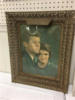 Vintage Brass Framed JFK and Jackie Print