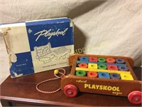 Vintage wooden Playskool colorol blocks/wagon