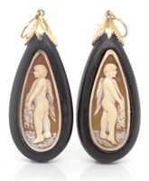 Carved cameo, ebony and 9ct gold earrings