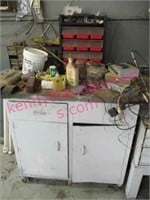 metal rolling cabinet -parts bins -misc on top
