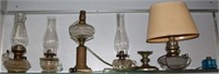 6 OLD GLASS OIL LAMPS TO INCLUDE PEANUT PATTERNS