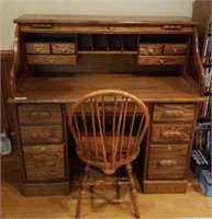 Amish Oak Roll Top Desk and Chair