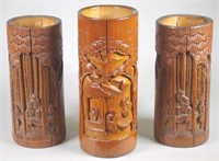 Three Chinese carved bamboo brush pots